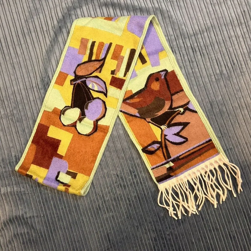 Emilio Pucci 100% Cashmere Scarf With Birds Dragonfly Cherries 7”x 68”